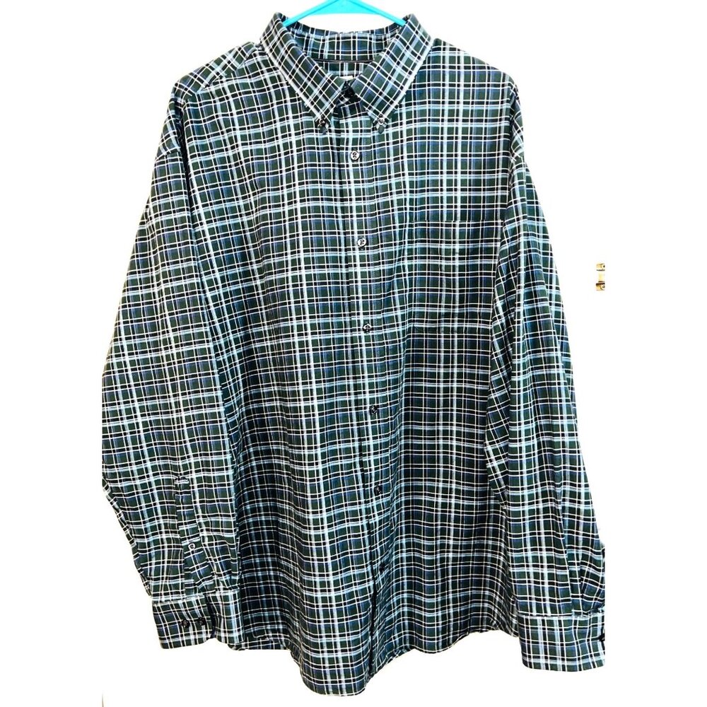 St. Johns Bay Iron Free Mens Green/Blue Plaid Button-Down Shirt 2XL